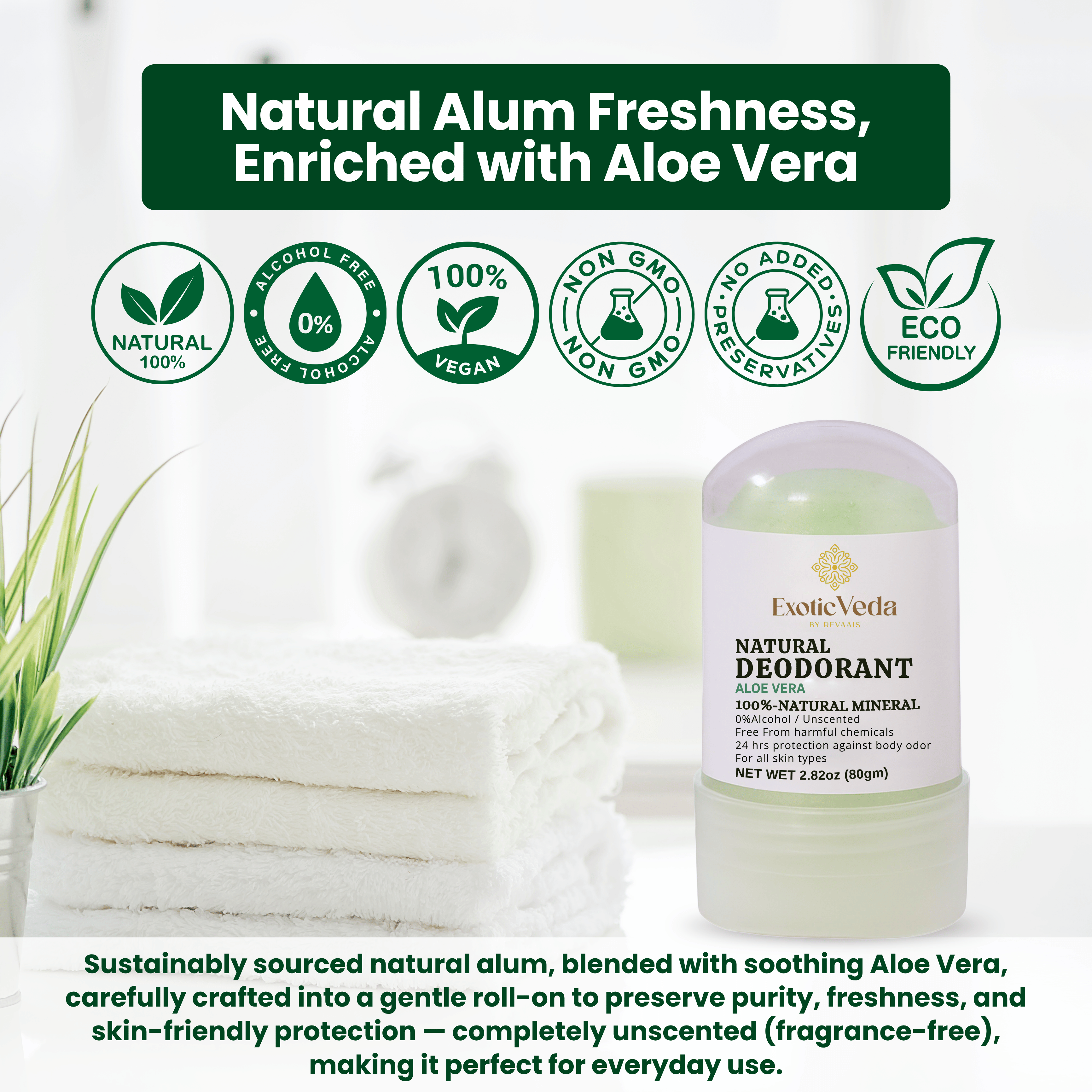 Aloe Vera Alum Roll-On Deodorant – Alcohol-Free, Aluminum-Free, 80g