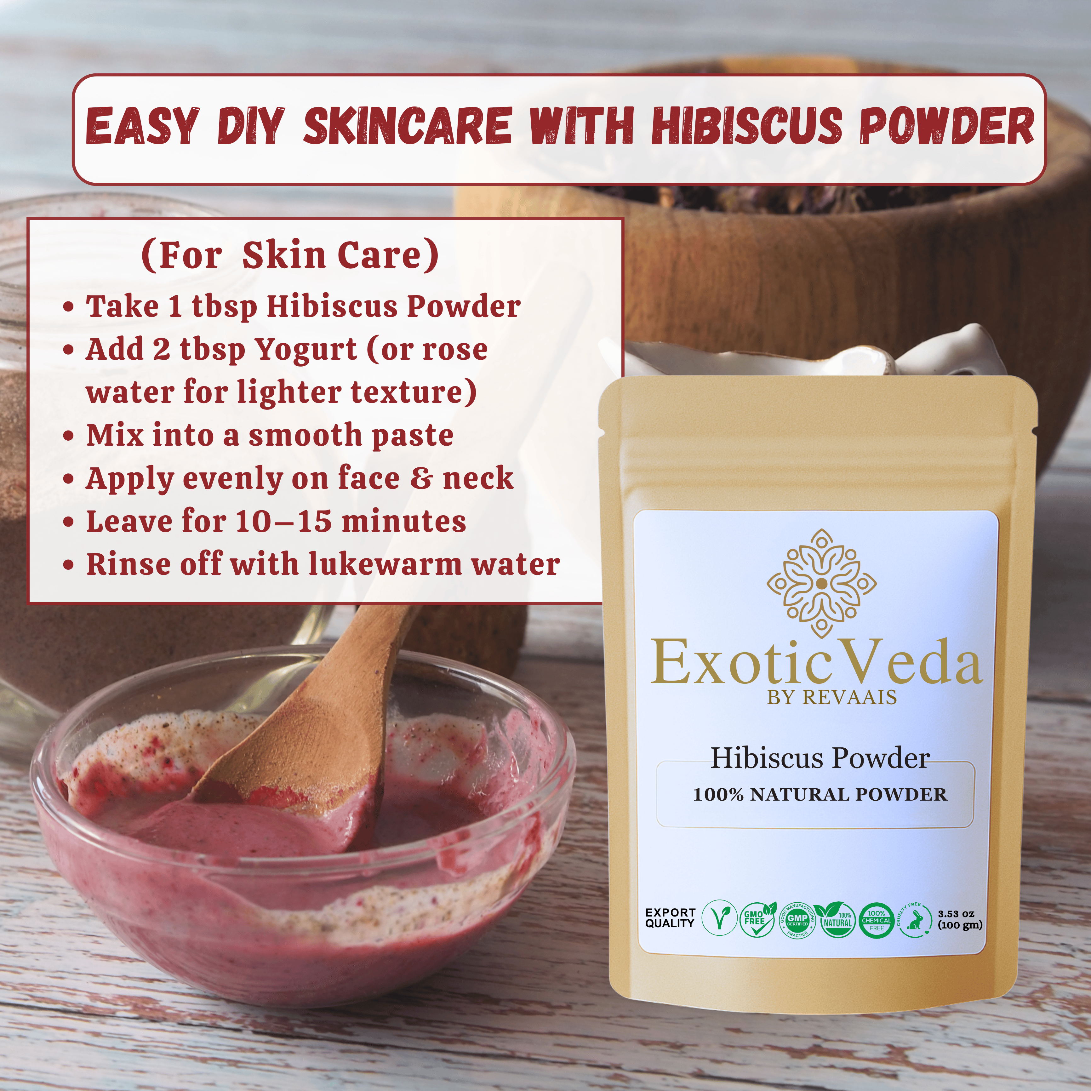 Hibiscus Powder 100g (3.53 oz) – 100% Pure Hibiscus Flower Powder for Tea, Smoothies, Hair & Skin Care