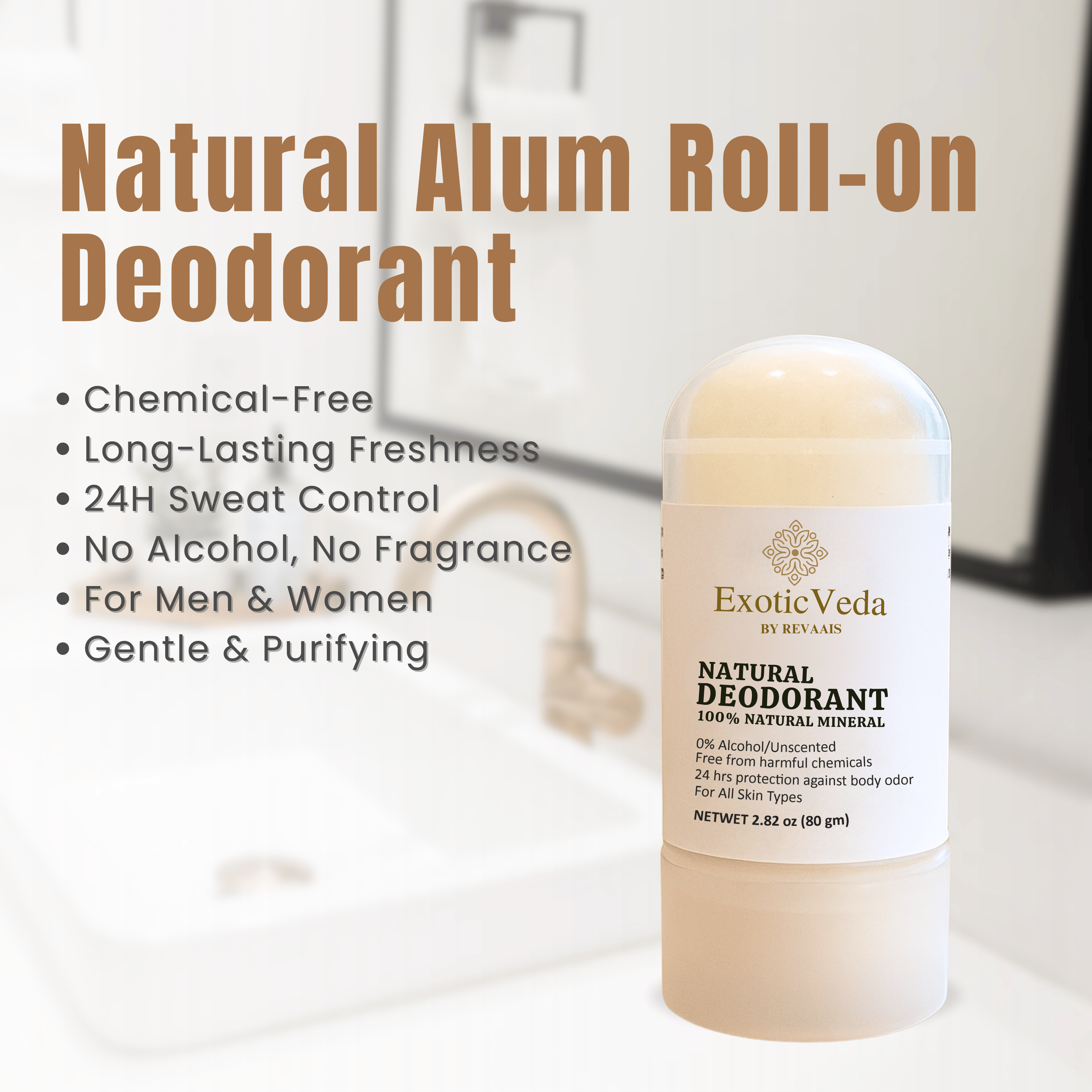 Natural Crystal Roll-On Deodorant – Aluminum-Free, Fragrance-Free, 80g