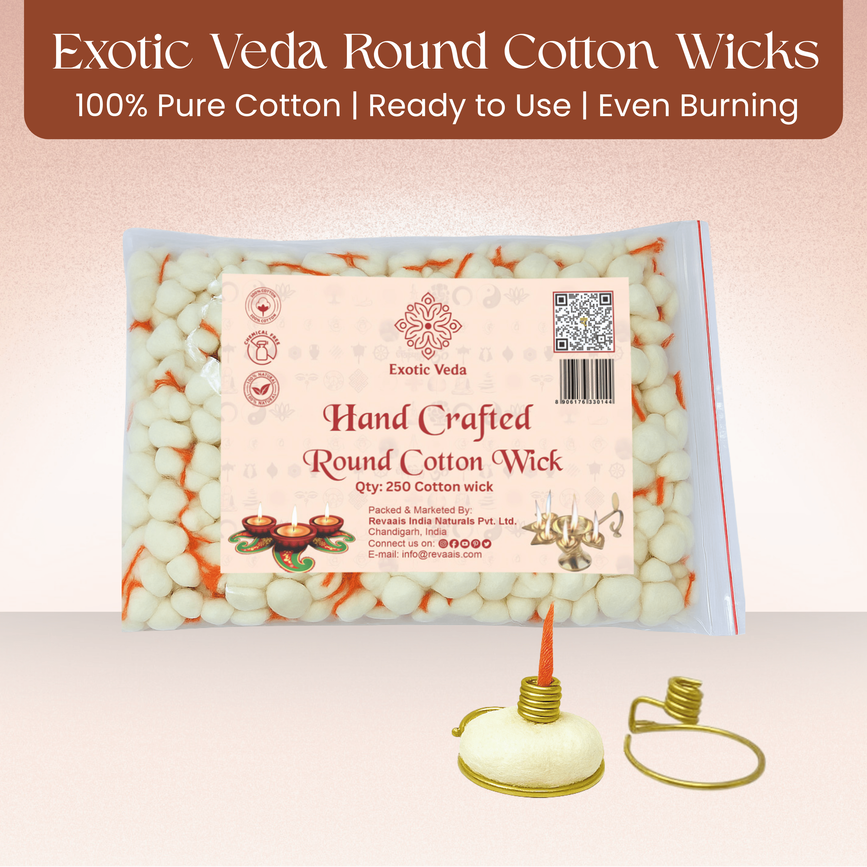 Premium Round Cotton Wick with Brass Wick Holder, Pack of 250 Round Cotton Wick