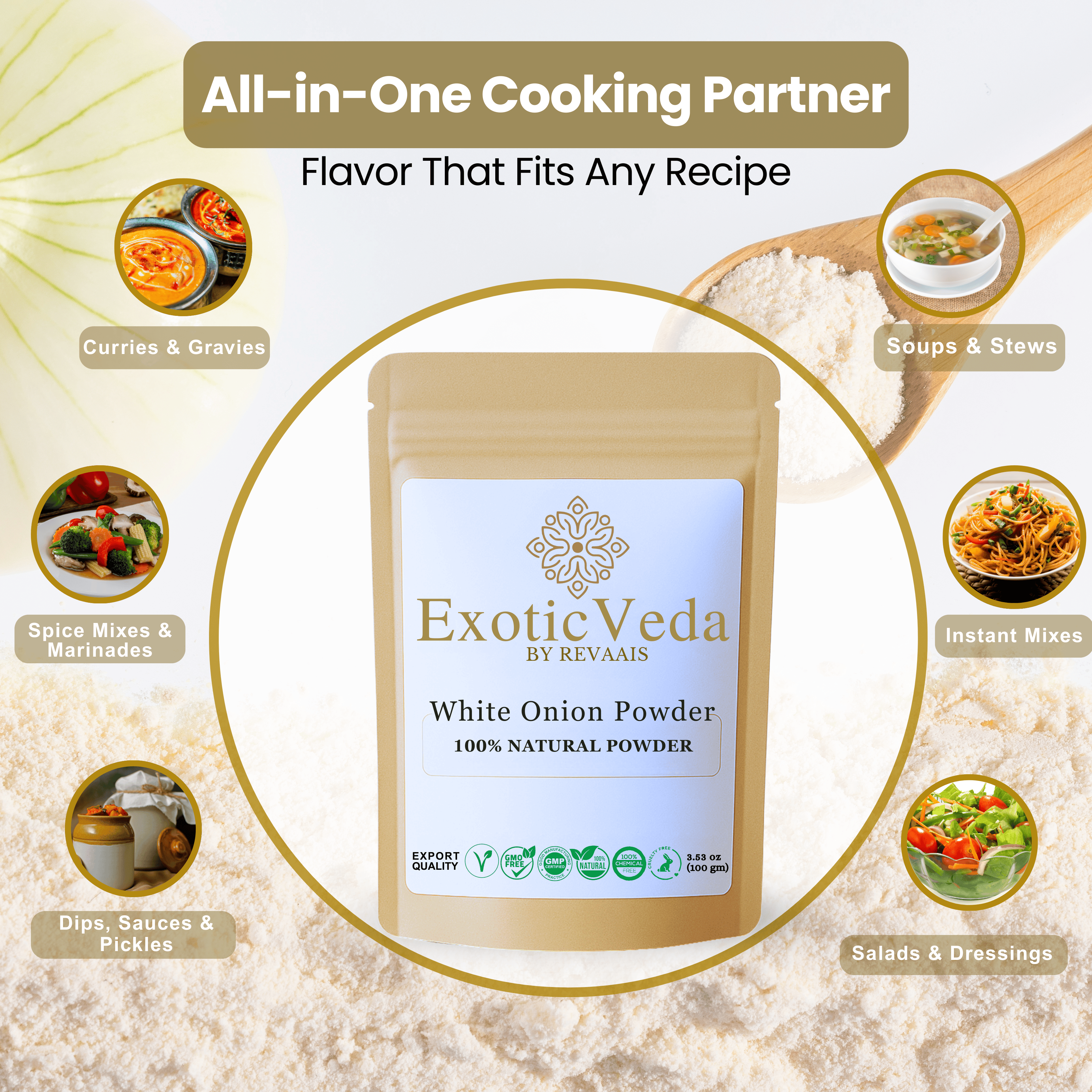 Exotic Veda White Onion Powder 100g (3.53 oz) – Pure Dehydrated Onion Powder for Cooking & Seasoning