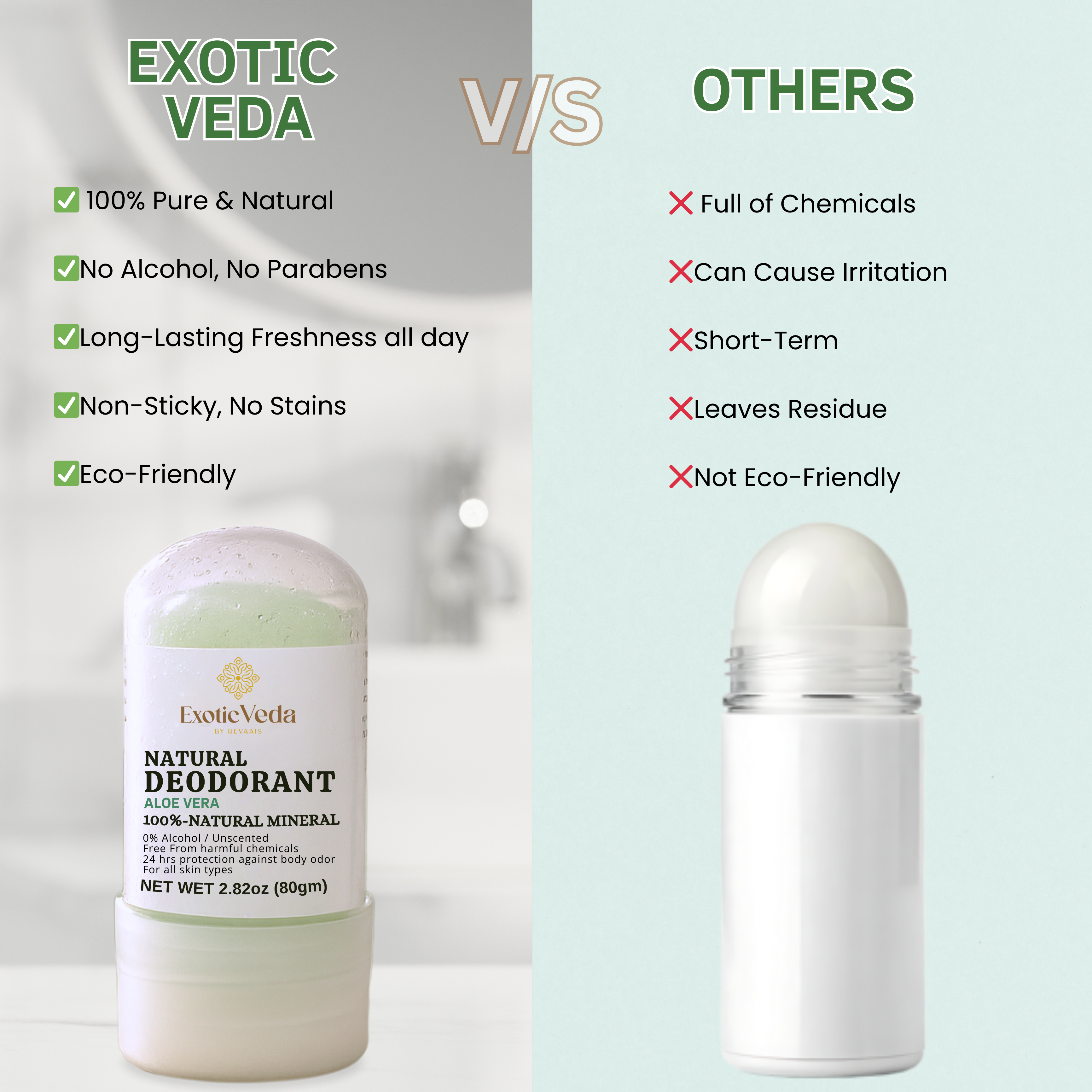 Aloe Vera Alum Roll-On Deodorant – Alcohol-Free, Aluminum-Free, 80g