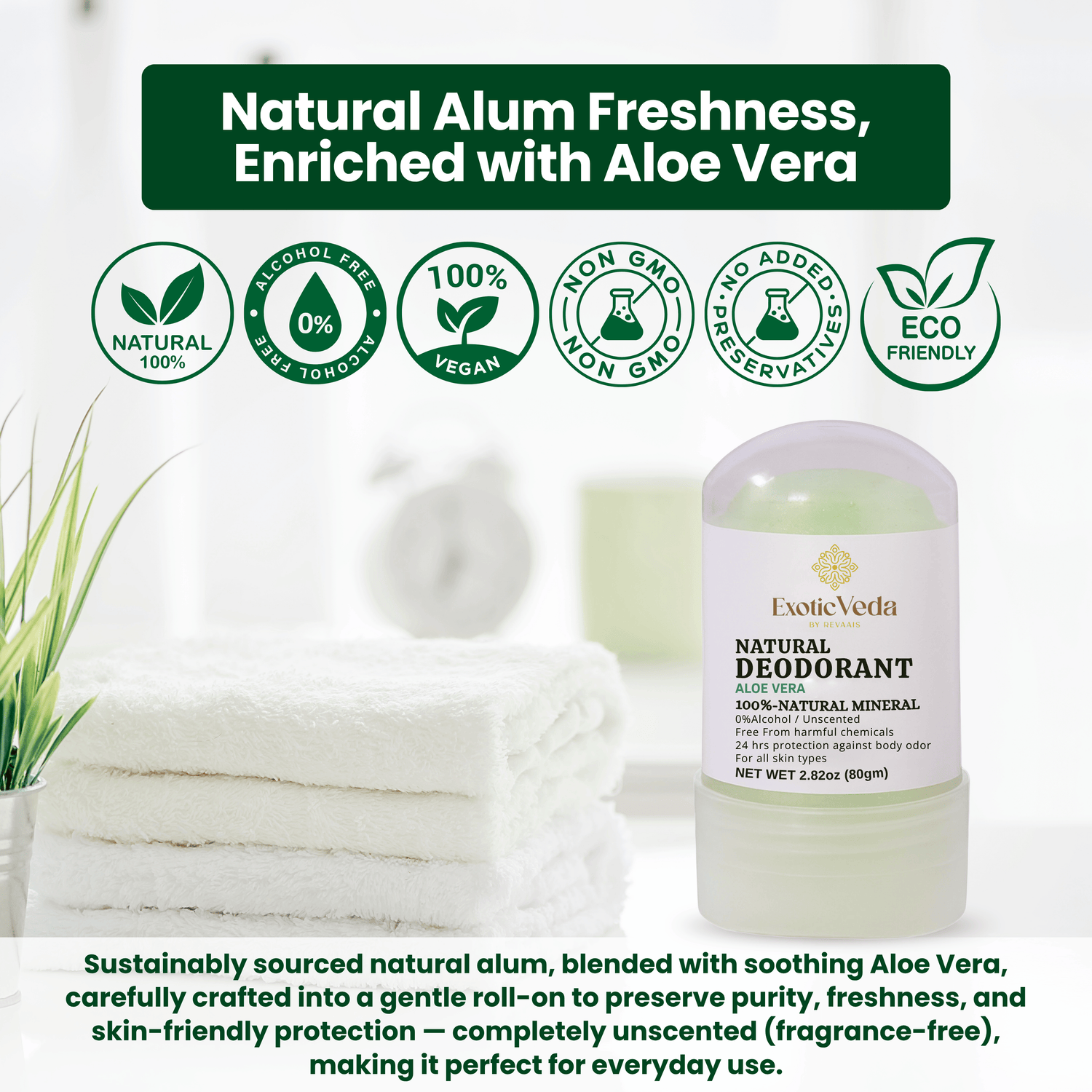 Aloe Vera Alum Roll-On Deodorant – Alcohol-Free, Aluminum-Free, 80g