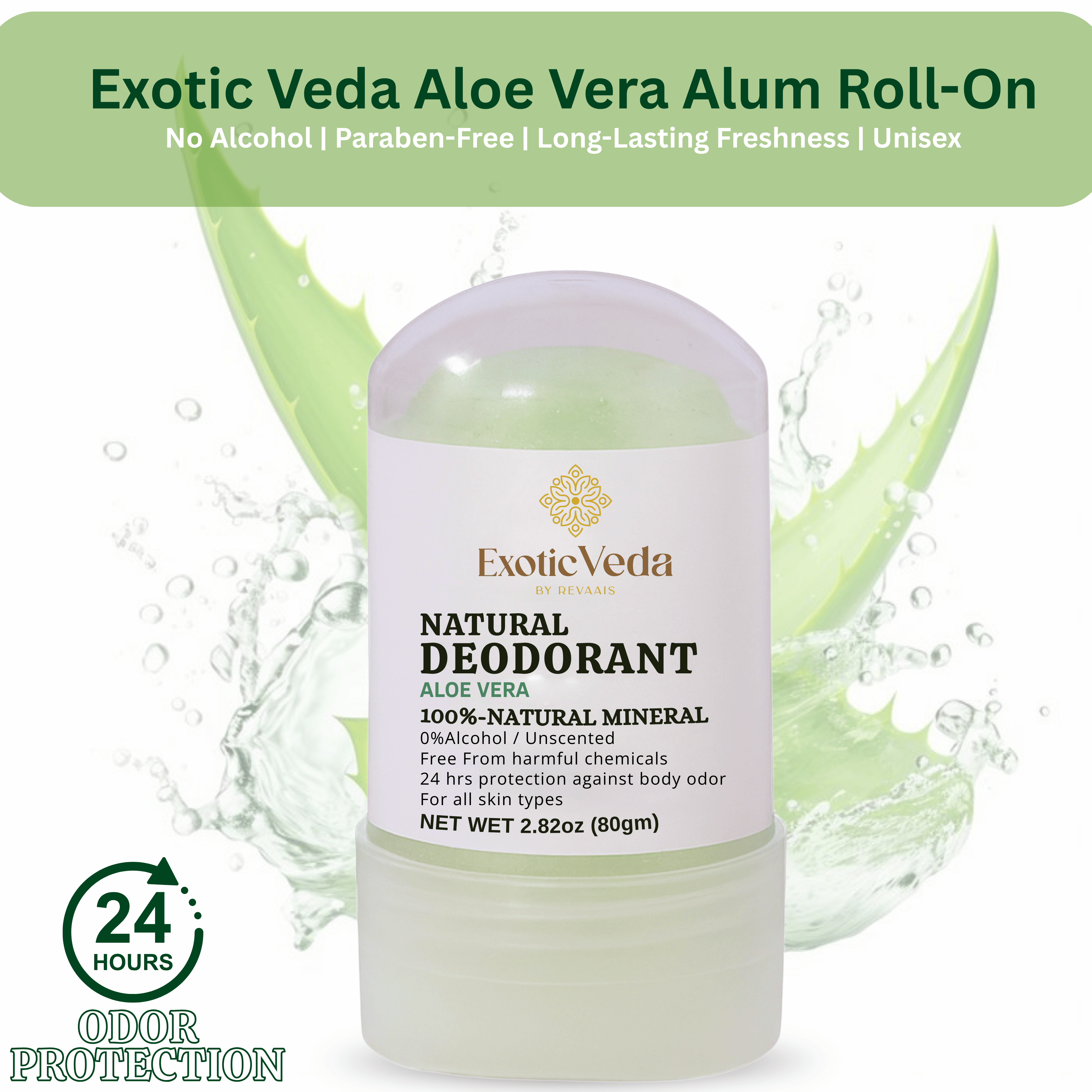 Aloe Vera Alum Roll-On Deodorant – Alcohol-Free, Aluminum-Free, 80g