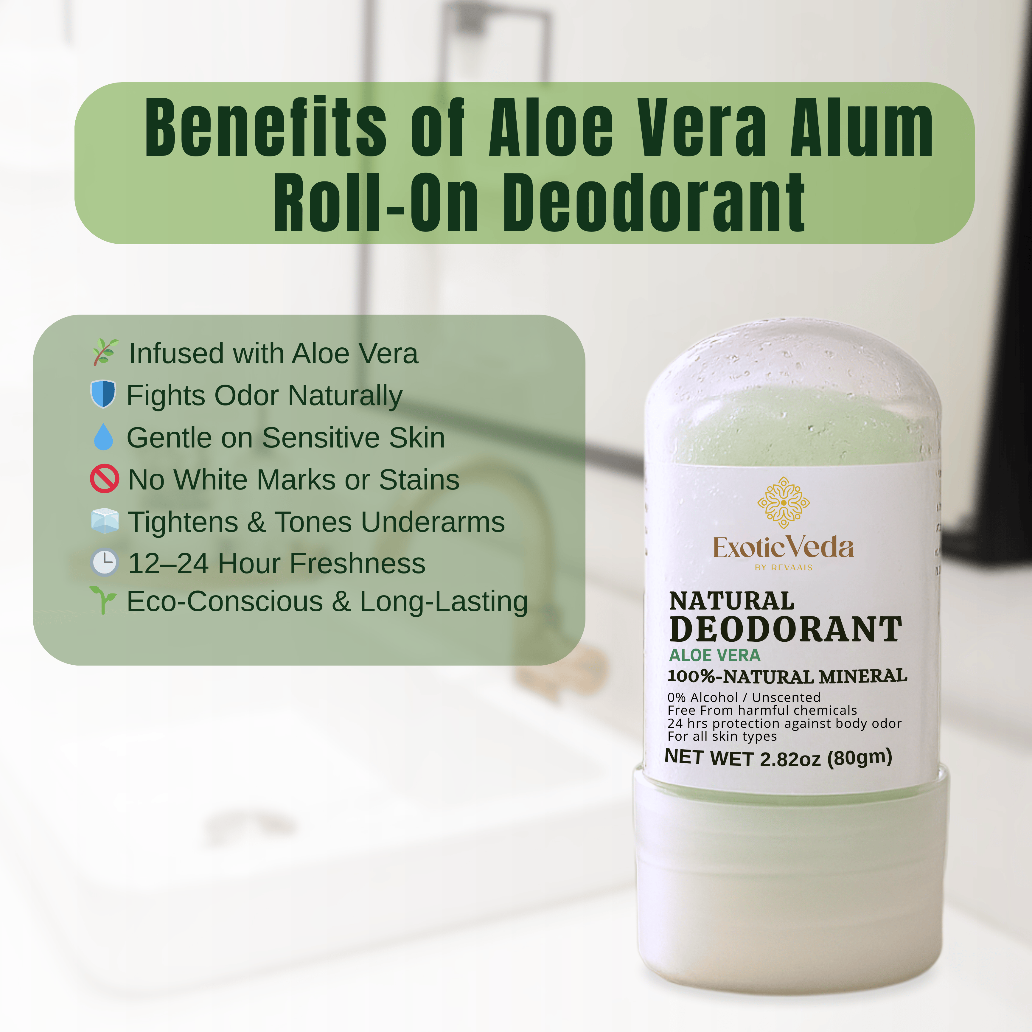 Aloe Vera Alum Roll-On Deodorant – Alcohol-Free, Aluminum-Free, 80g