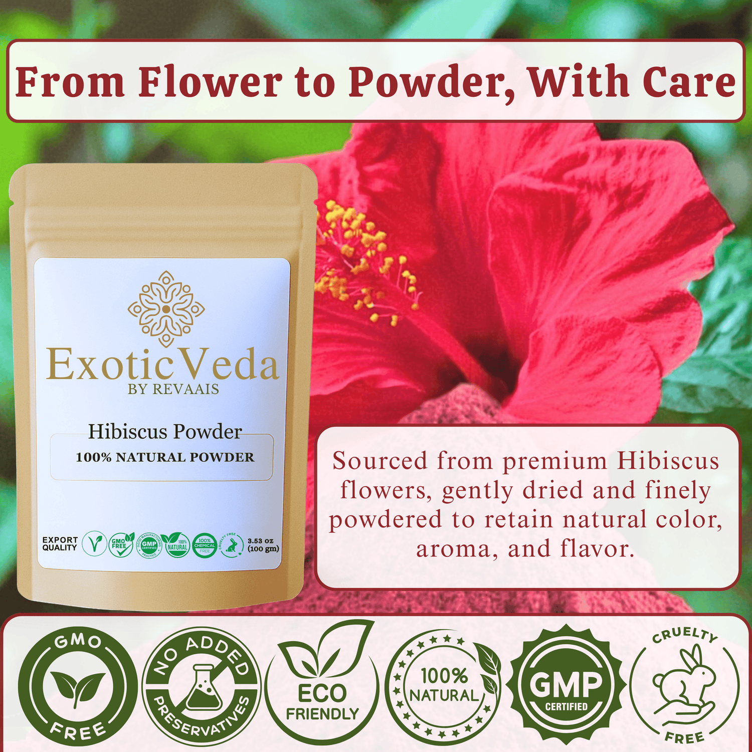 Hibiscus Powder 100g (3.53 oz) – 100% Pure Hibiscus Flower Powder for Tea, Smoothies, Hair &amp; Skin Care