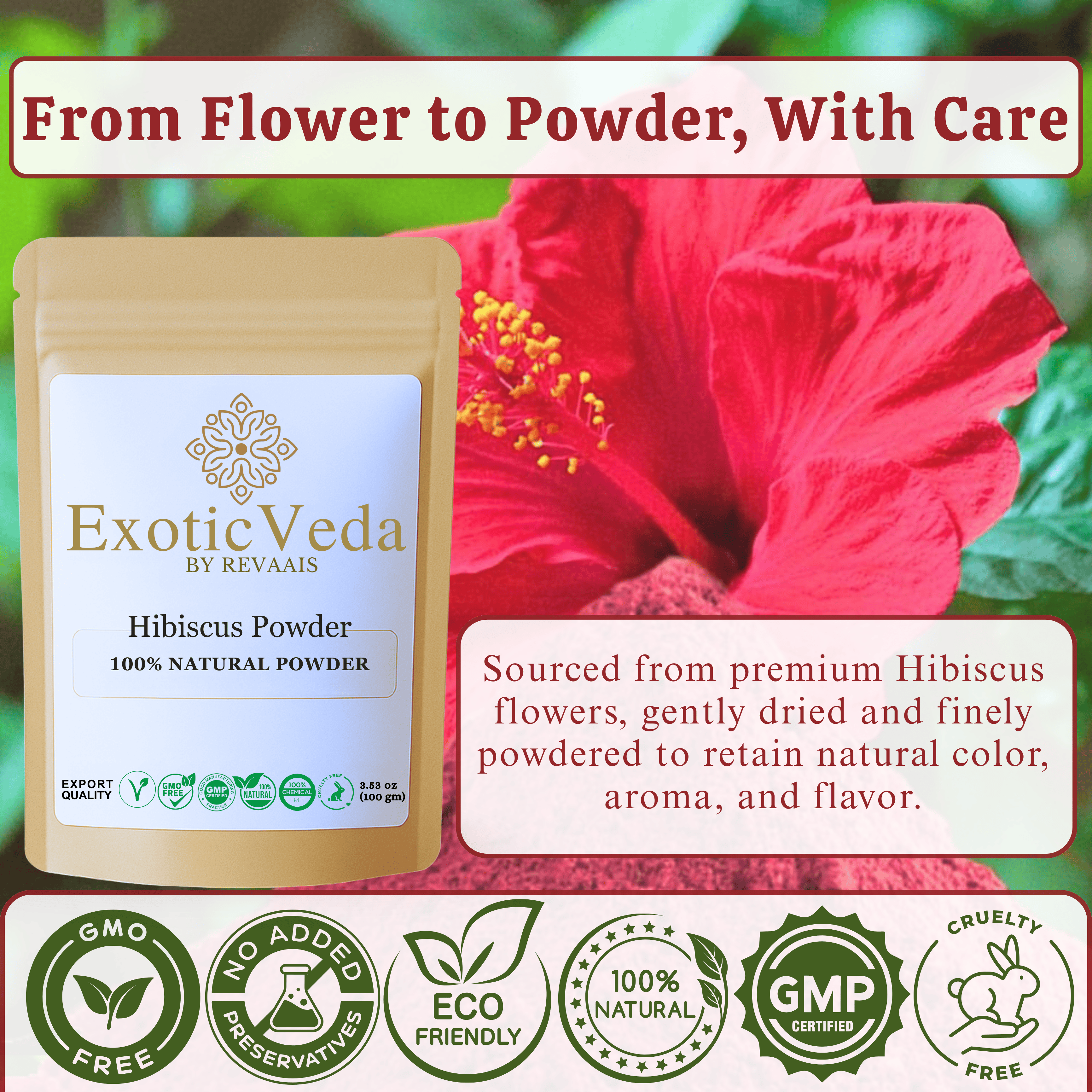Hibiscus Powder 100g (3.53 oz) – 100% Pure Hibiscus Flower Powder for Tea, Smoothies, Hair &amp; Skin Care