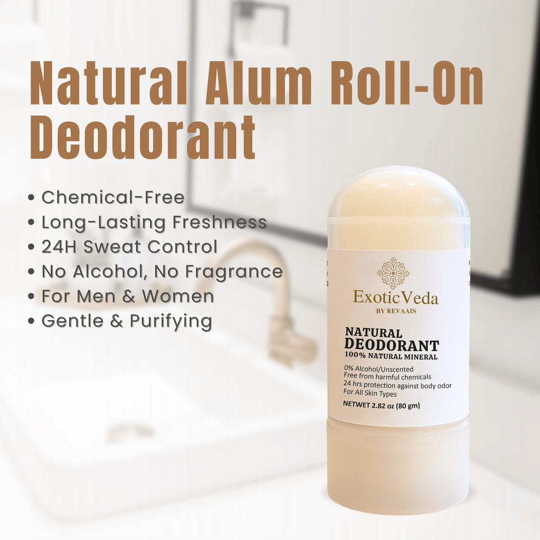 Natural Crystal Roll-On Deodorant – Aluminum-Free, Fragrance-Free, 80g