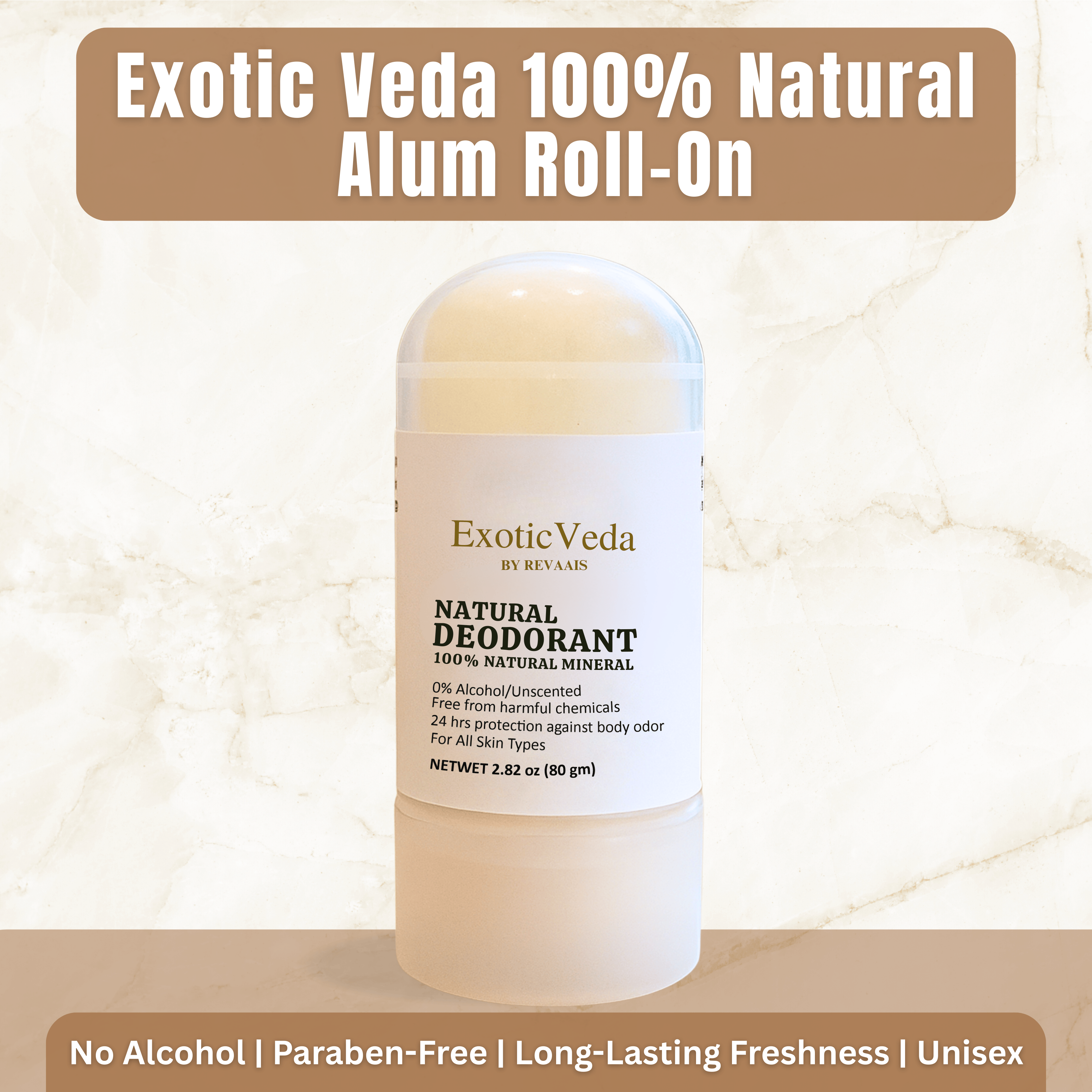 Natural Crystal Roll-On Deodorant – Aluminum-Free, Fragrance-Free, 80g