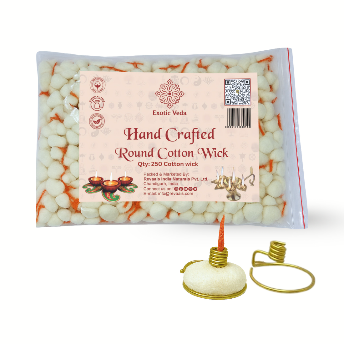 Premium Round Cotton Wick with Brass Wick Holder, Pack of 250 Round Cotton Wick