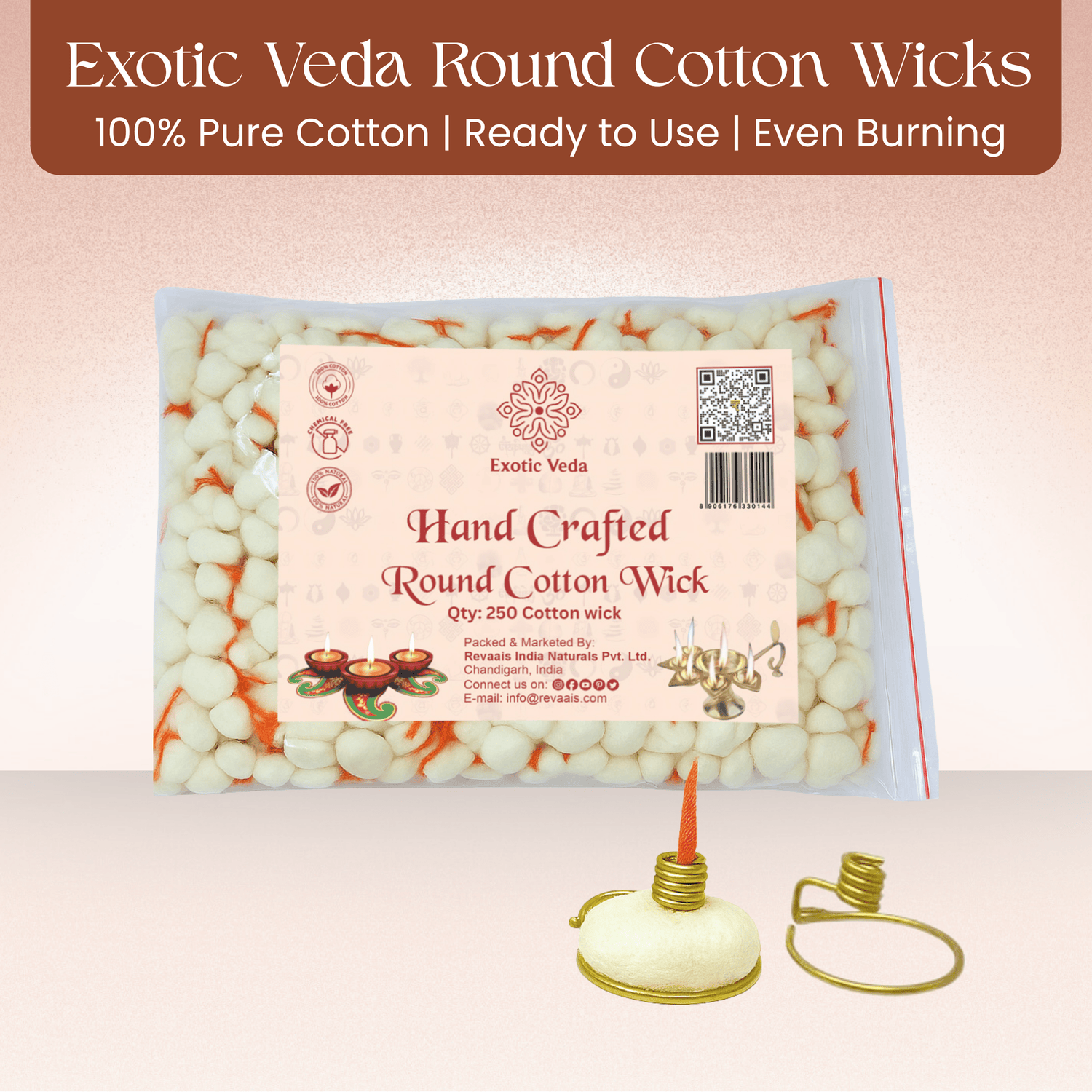 Premium Round Cotton Wick with Brass Wick Holder, Pack of 250 Round Cotton Wick