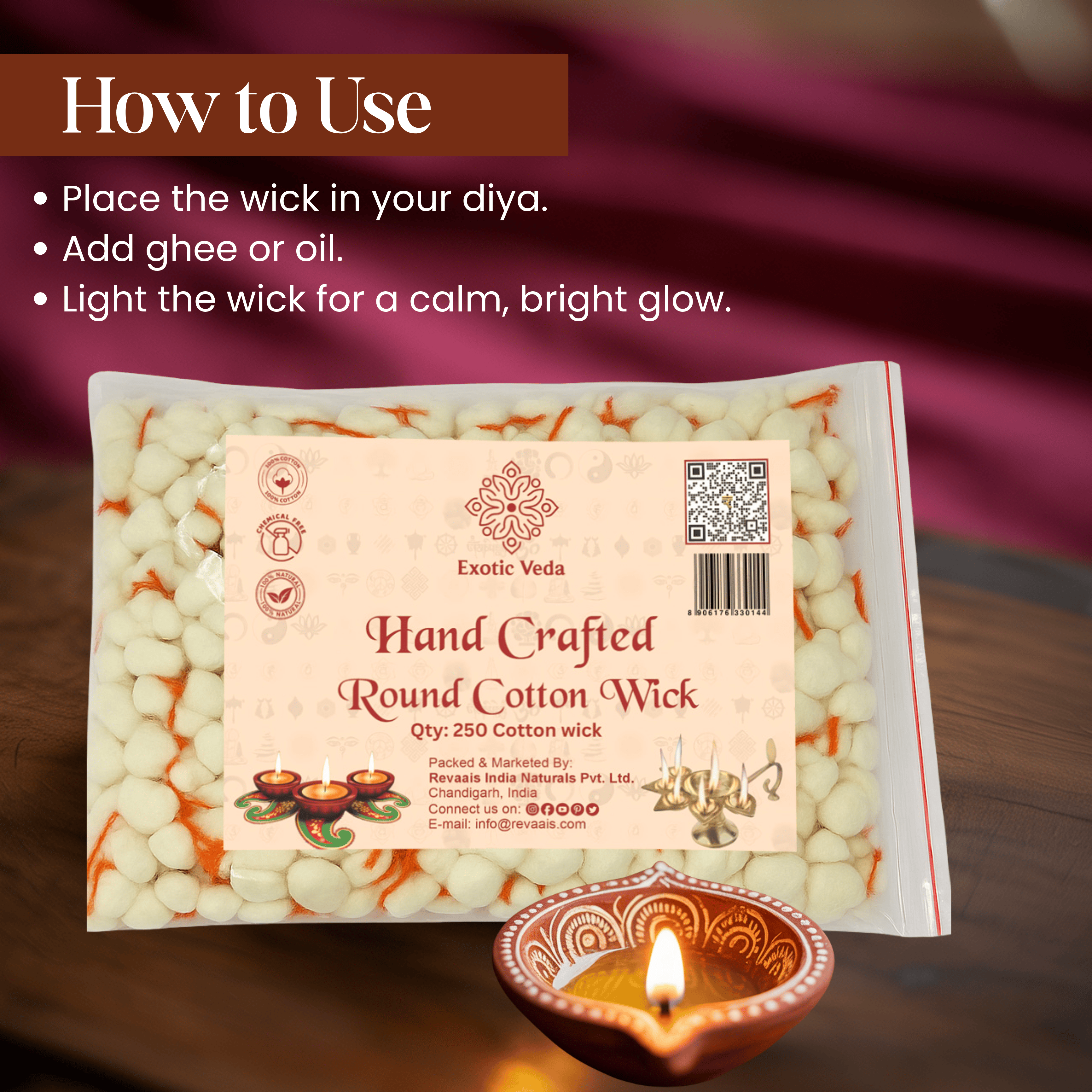 Premium Round Cotton Wick with Brass Wick Holder, Pack of 250 Round Cotton Wick