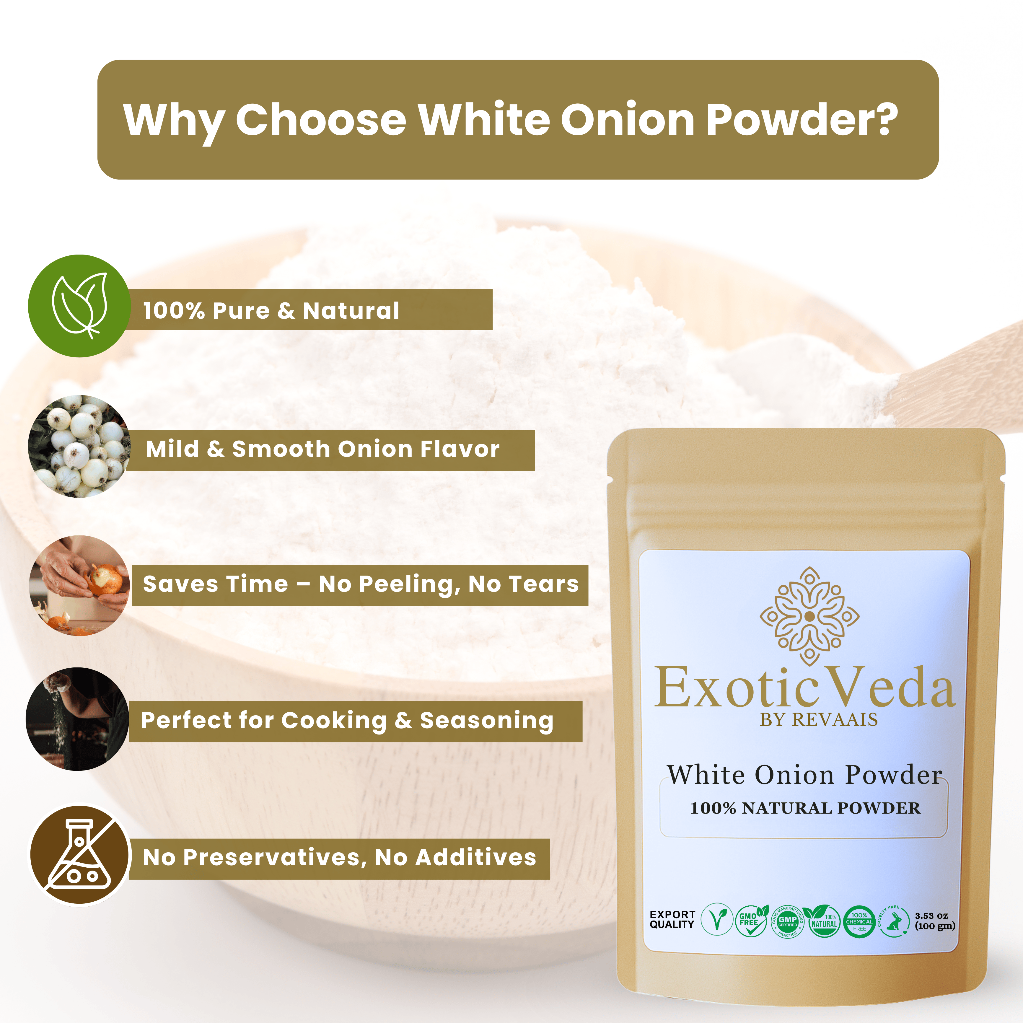 Exotic Veda White Onion Powder 100g (3.53 oz) – Pure Dehydrated Onion Powder for Cooking &amp; Seasoning