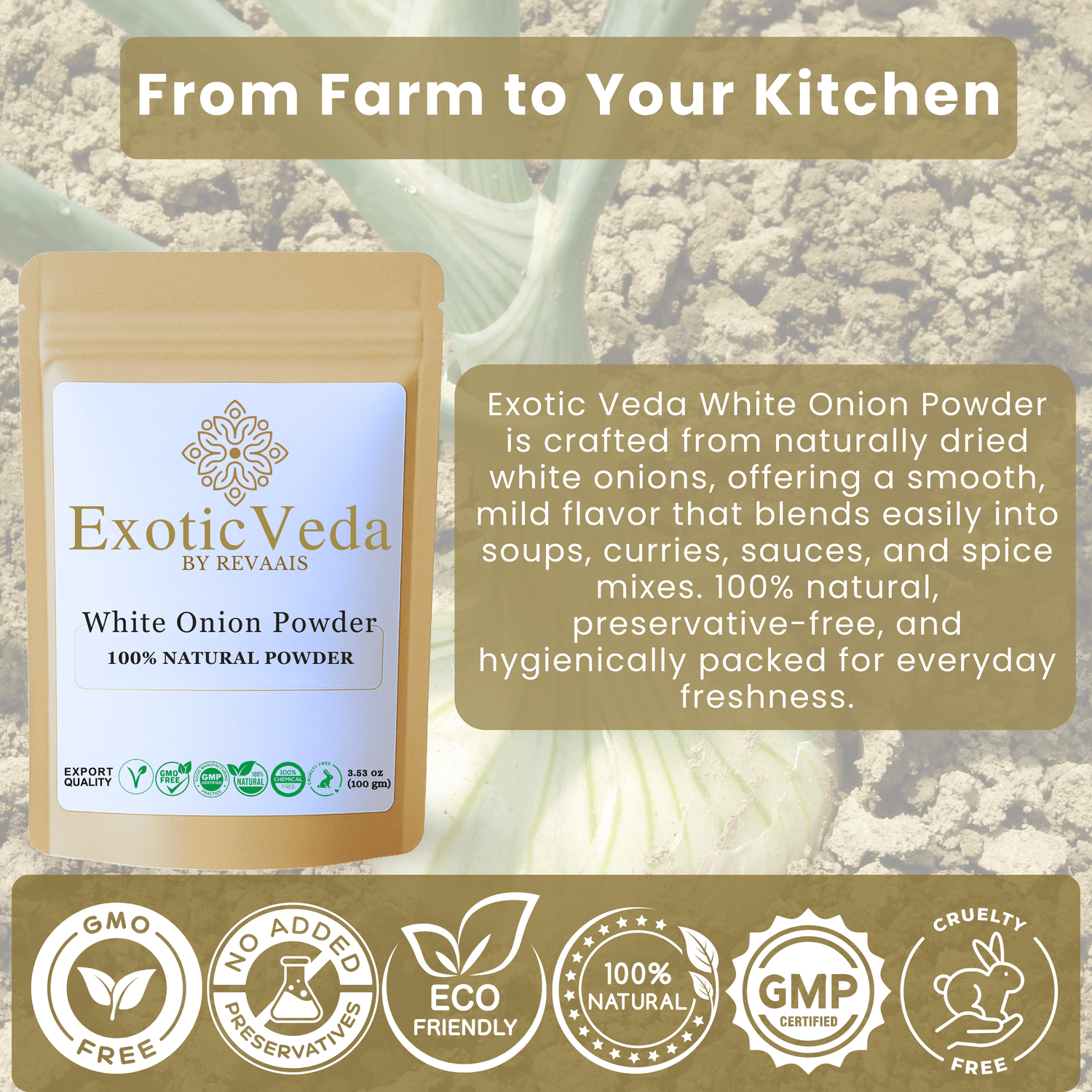 Exotic Veda White Onion Powder 100g (3.53 oz) – Pure Dehydrated Onion Powder for Cooking &amp; Seasoning