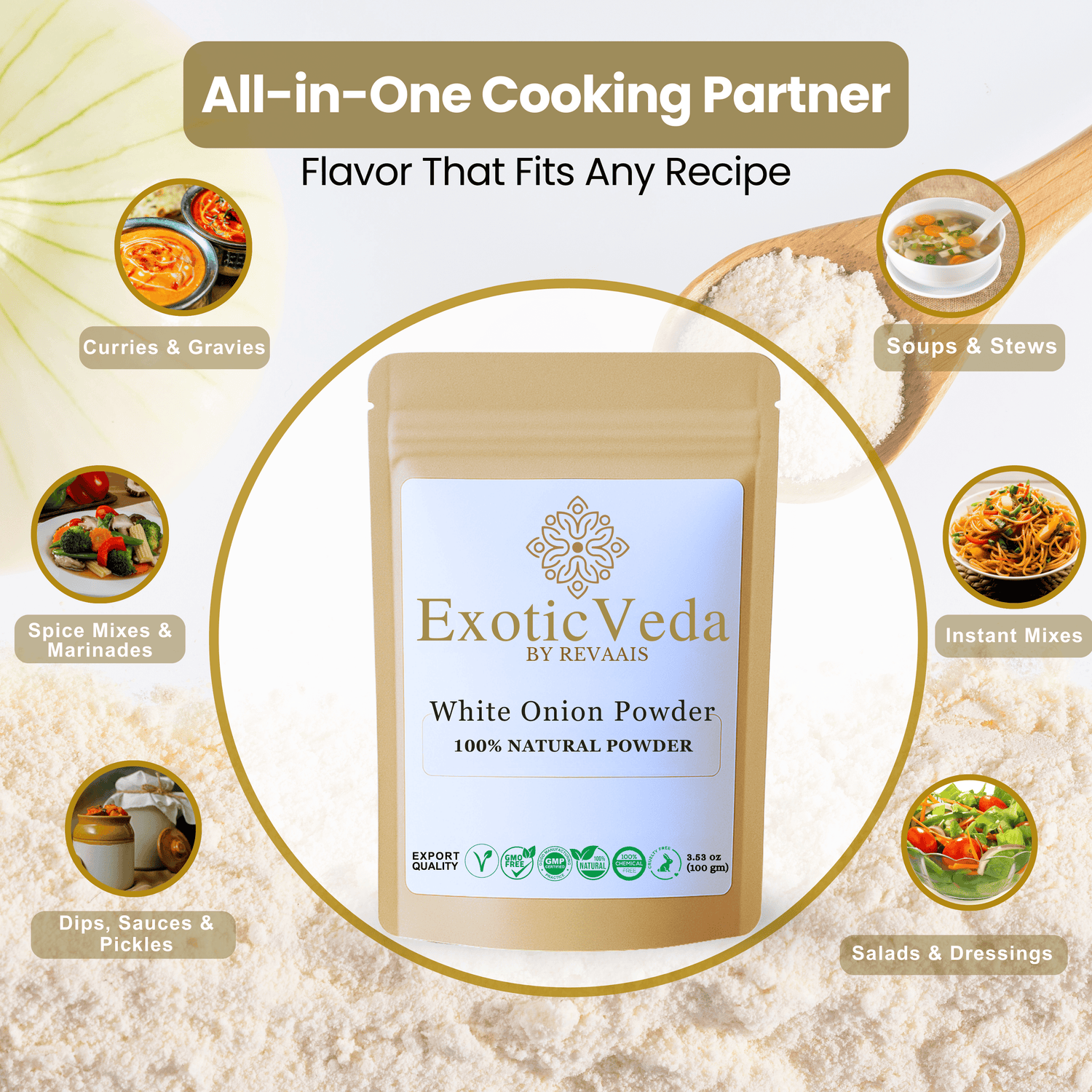 Exotic Veda White Onion Powder 100g (3.53 oz) – Pure Dehydrated Onion Powder for Cooking &amp; Seasoning